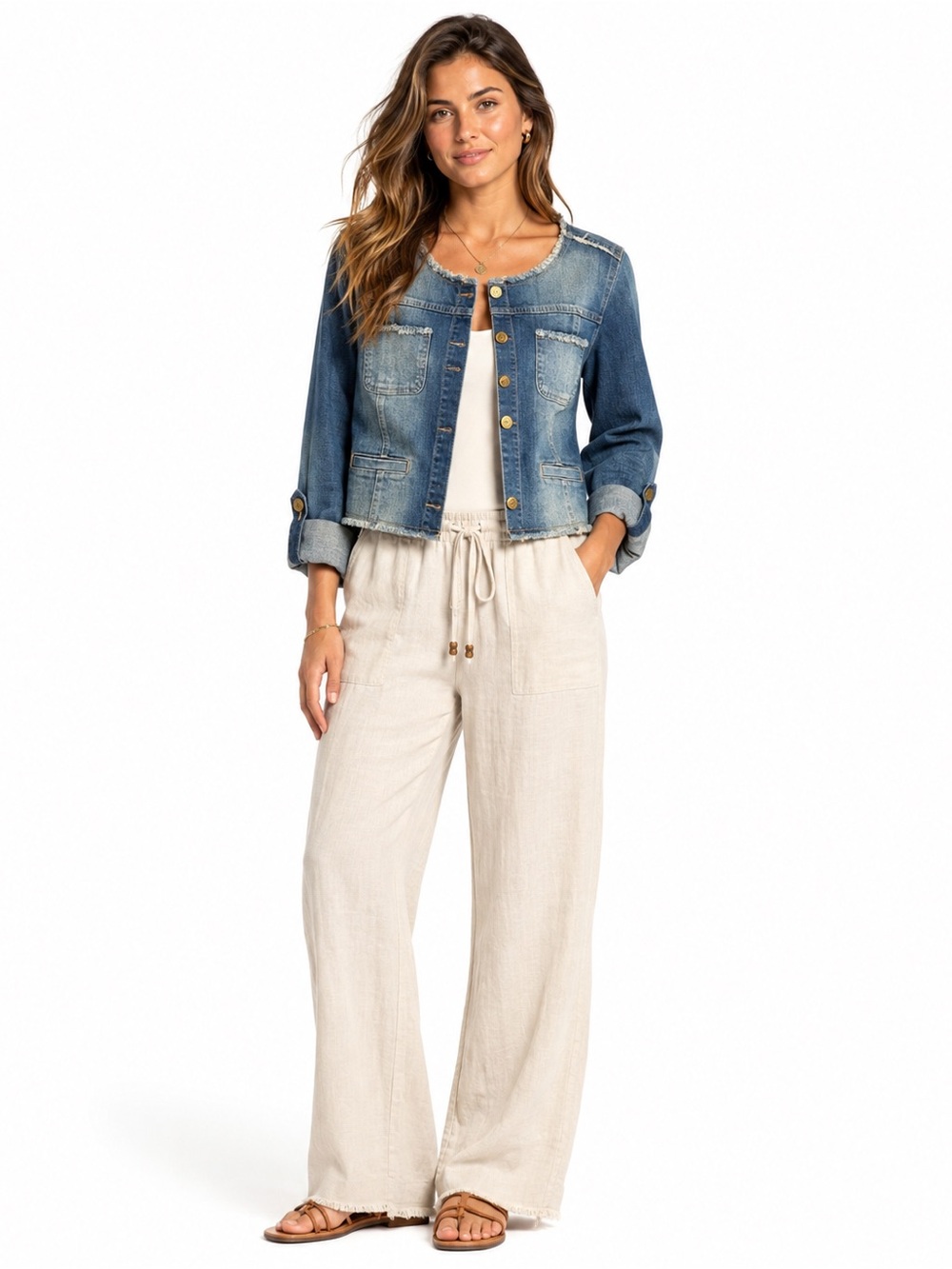 Cropped Blue Denim Jacket with Button Front
